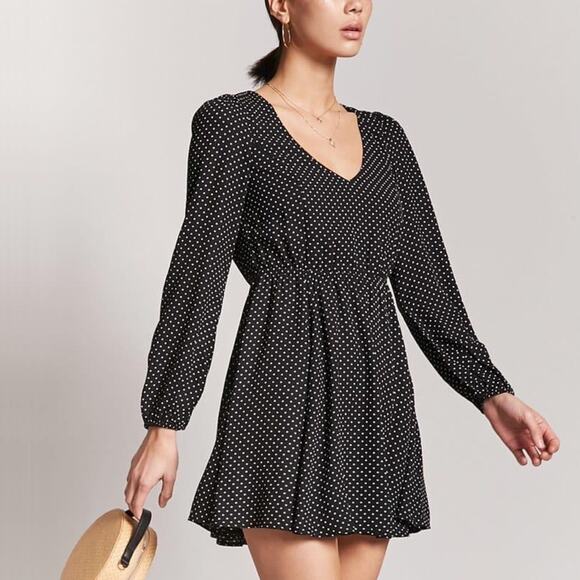 Forever 21 Black Polka Dot Long Sleeve Twee Fit and Flare Dress Small - Picture 1 of 6